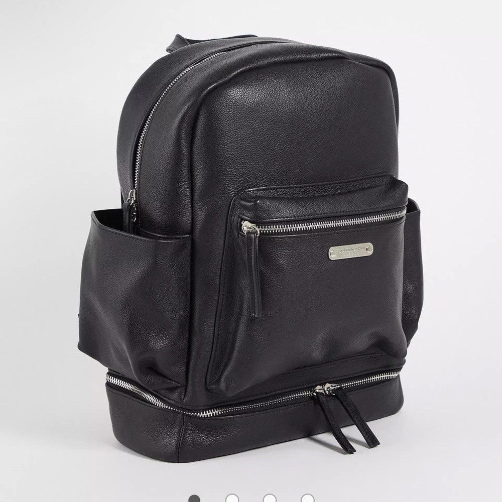 Black Leather Backpack with Front Pocket - Men